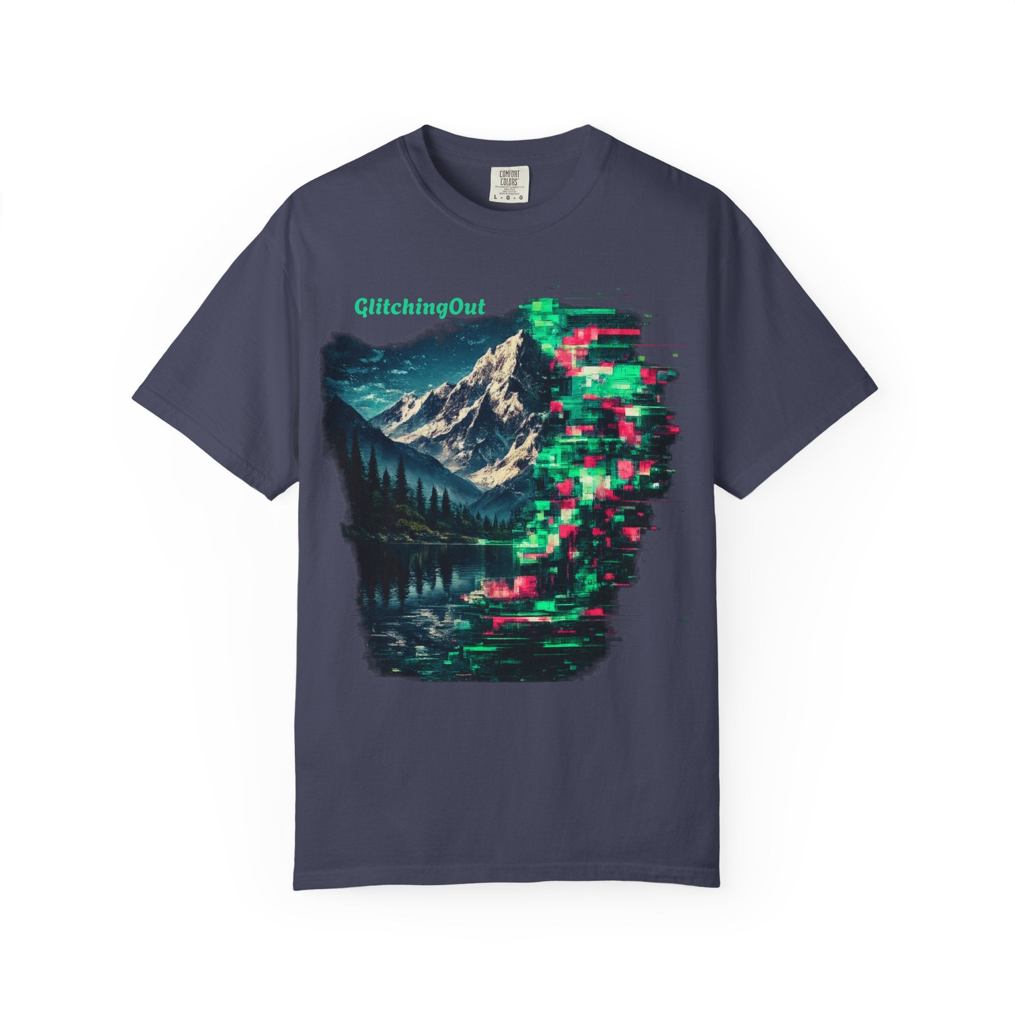 GlitchingOut Mountain Landscape T-Shirt — Retro Glitch Nature Graphic Tee
