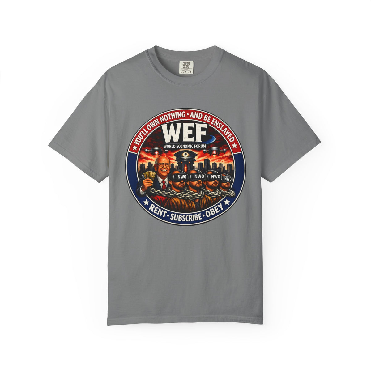 T-Shirt — WEF Dystopian Retro Logo “Rent • Subscribe • Obey”
