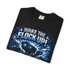 T-Shirt — "Wake the Flock Up" V2 Protest Graphic Tee (Bold Blue Dystopian Design)