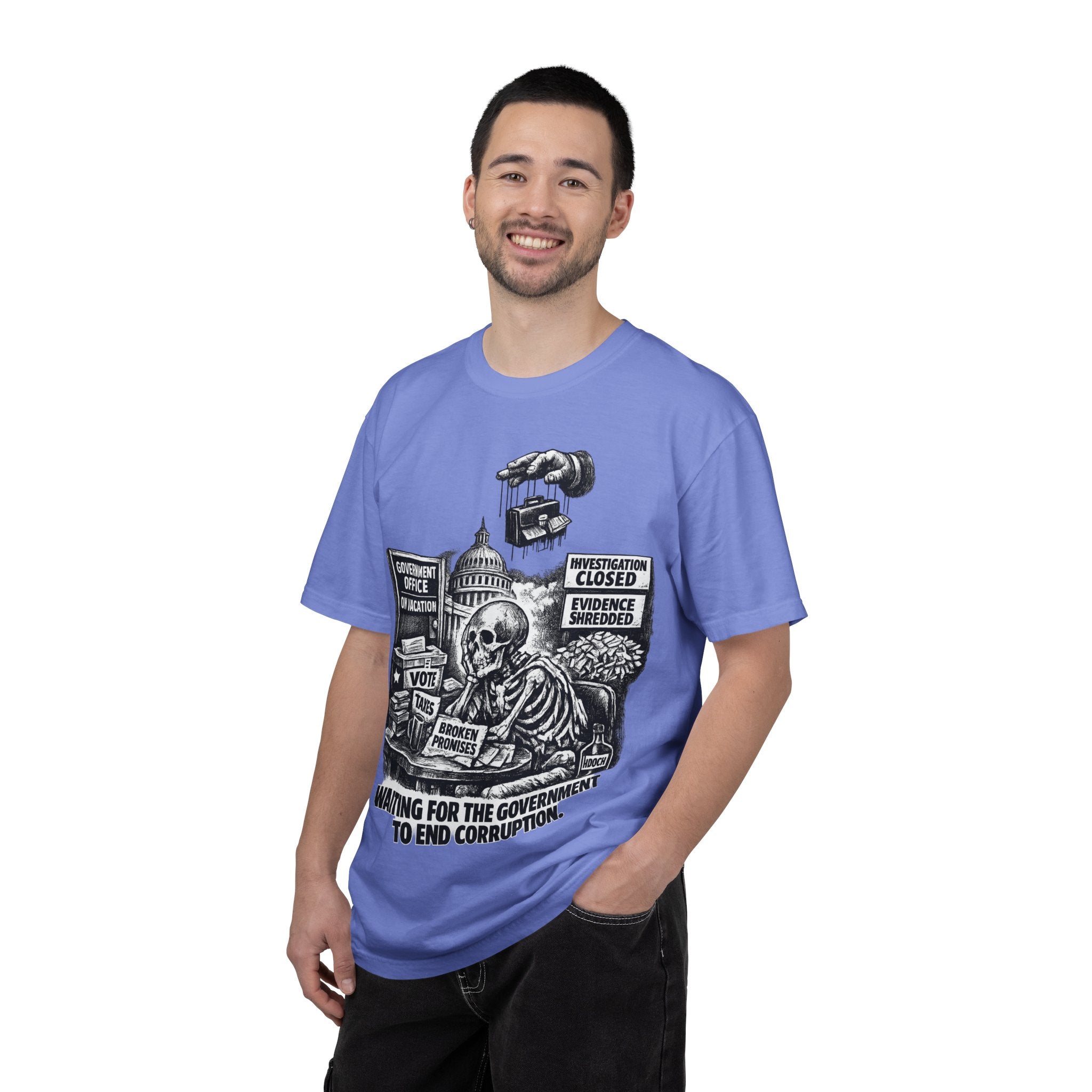 Graphic Tee — "Waiting for the Government to End Corruption" Political Skeletal Design
