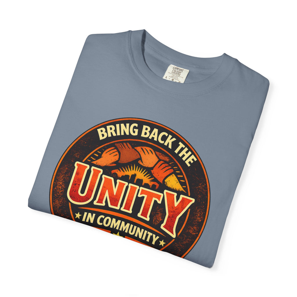 Unity Graphic T-Shirt — "Bring Back the Unity in Community" Vintage Badge Design