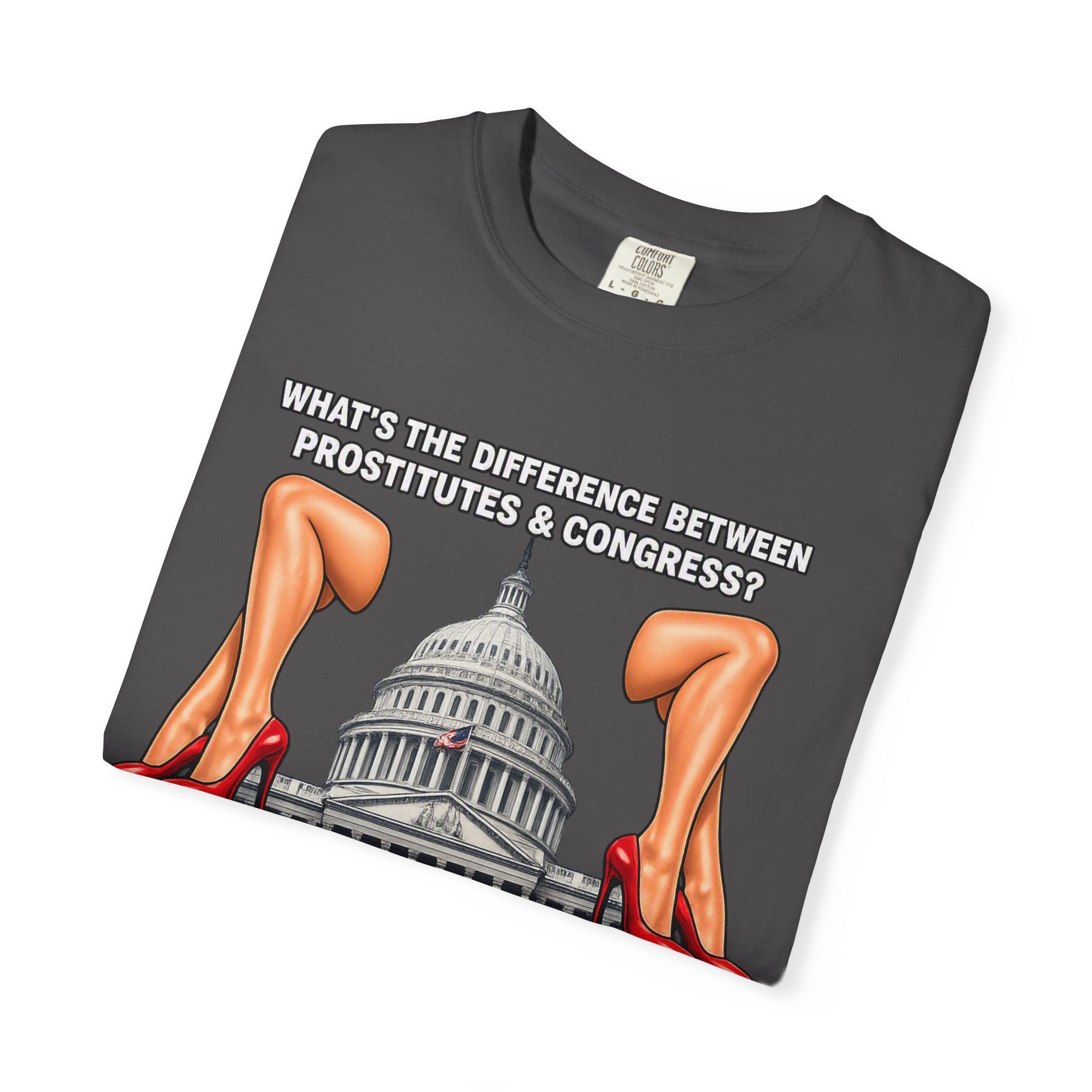 Political Satire T-Shirt — "What's the Difference Between Prostitutes & Congress? Nothing But the Cost!"