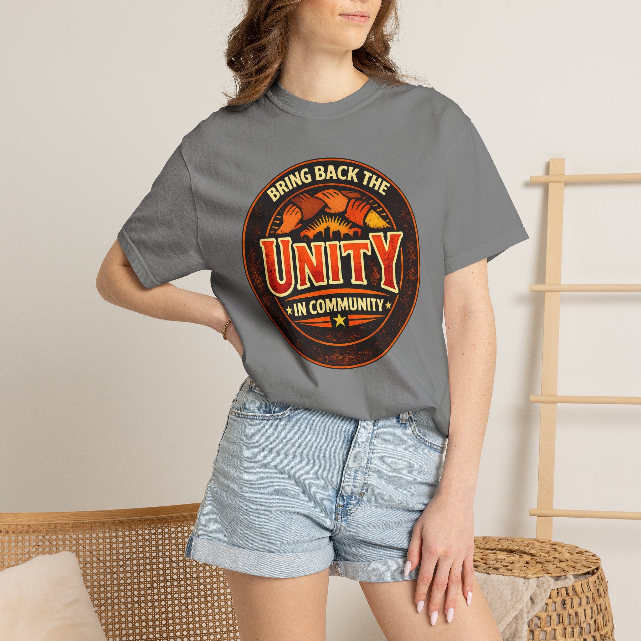 Unity Graphic T-Shirt — "Bring Back the Unity in Community" Vintage Badge Design