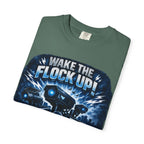 T-Shirt — "Wake the Flock Up" V2 Protest Graphic Tee (Bold Blue Dystopian Design)