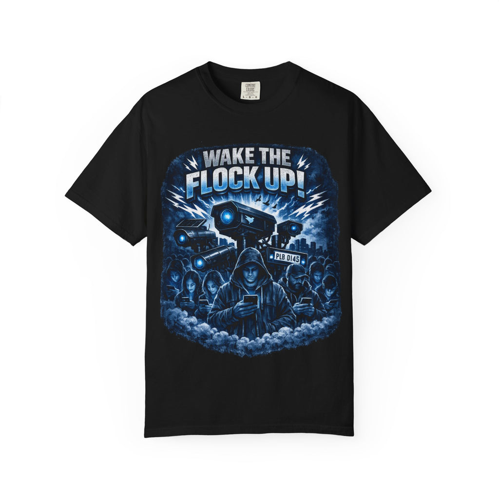 T-Shirt — "Wake the Flock Up" V2 Protest Graphic Tee (Bold Blue Dystopian Design)