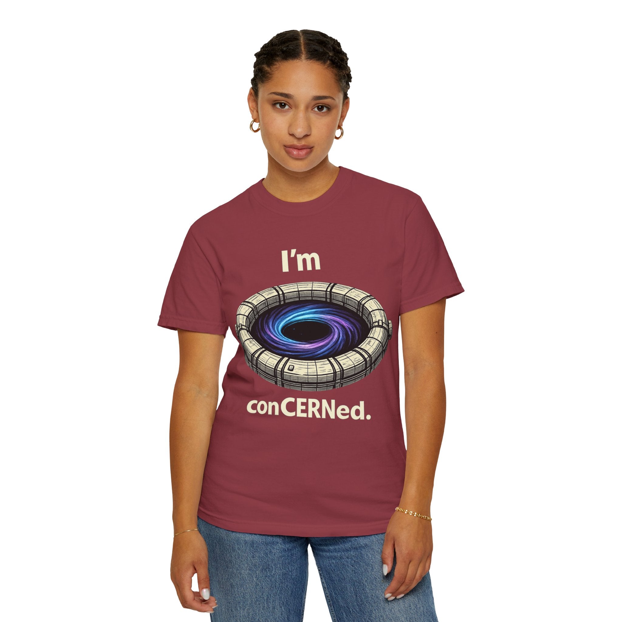 T-Shirt — "I'm conCERNed." Black Hole CERN Physics Science Tee