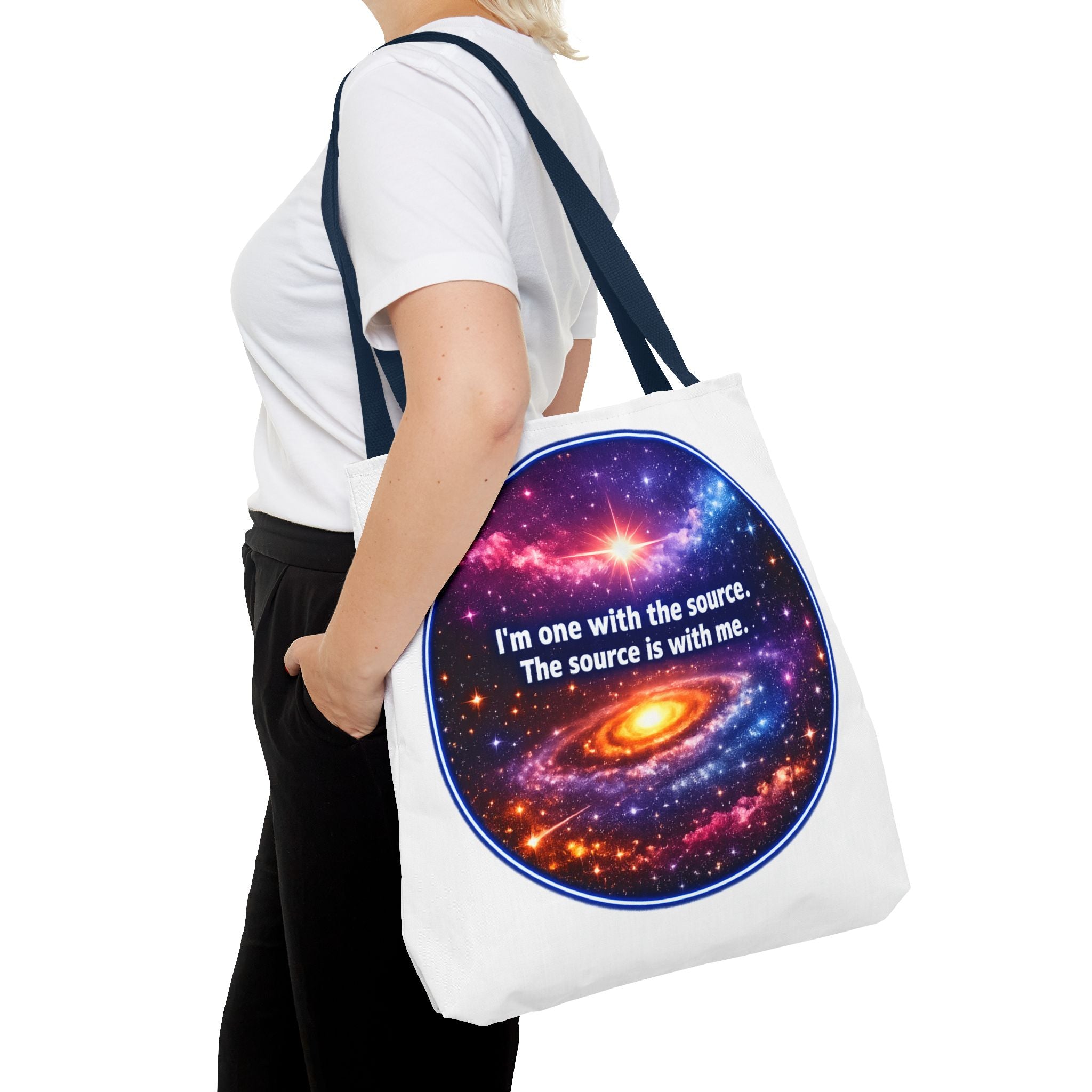 Spiritual Galaxy Tote Bag - "I'm one with the source. The source is with me." Cosmic Meditation Tote