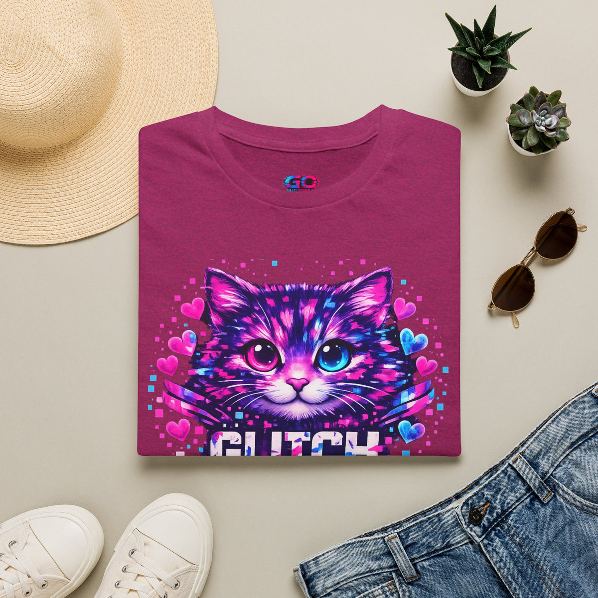 Glitch Cat T-Shirt — Retro Neon Kitty “Glitch the System” Graphic Tee