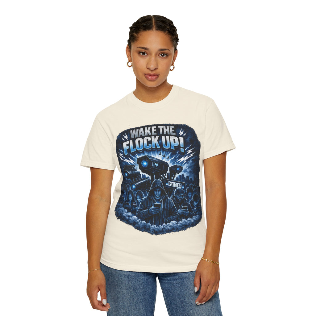 T-Shirt — "Wake the Flock Up" V2 Protest Graphic Tee (Bold Blue Dystopian Design)