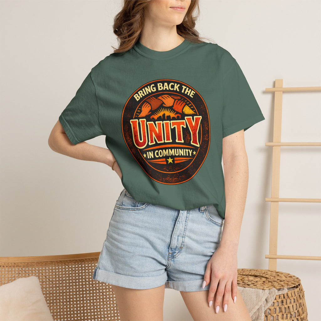 Unity Graphic T-Shirt — "Bring Back the Unity in Community" Vintage Badge Design