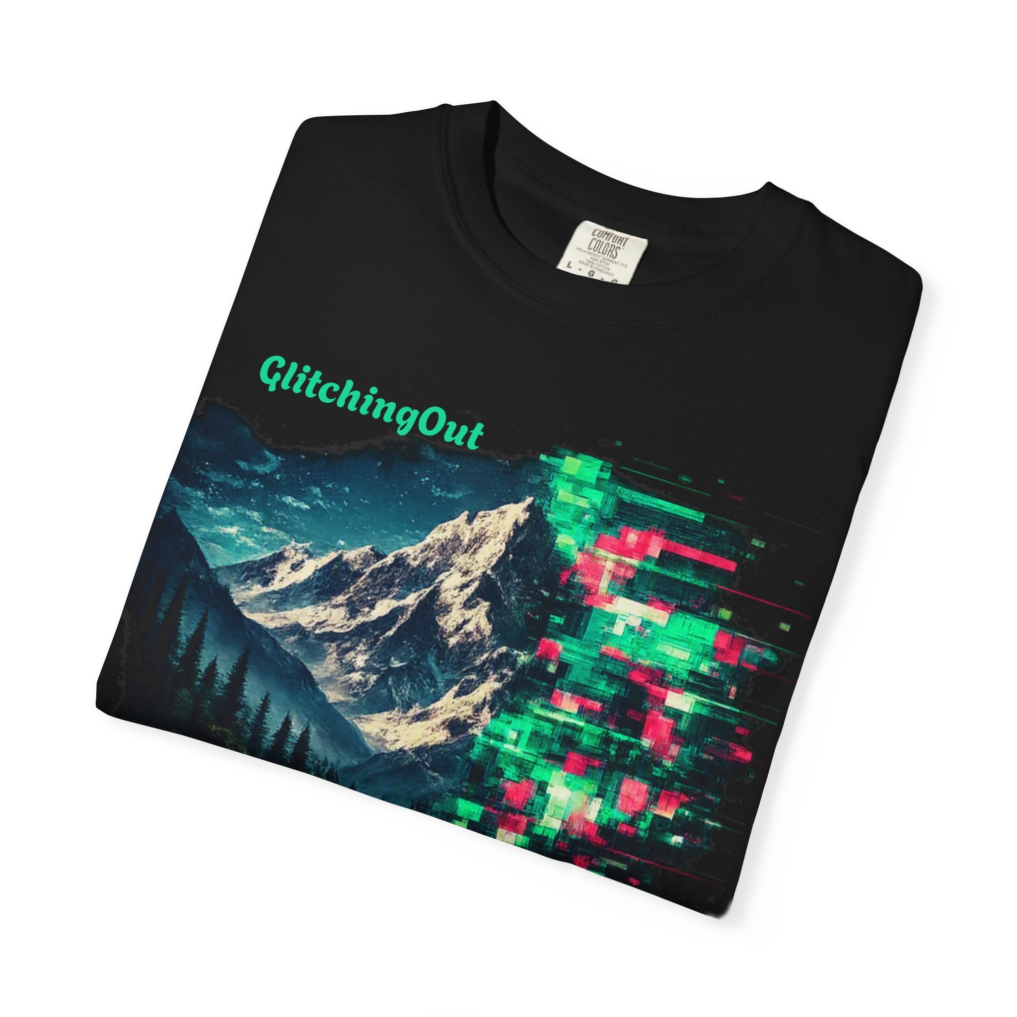 GlitchingOut Mountain Landscape T-Shirt — Retro Glitch Nature Graphic Tee