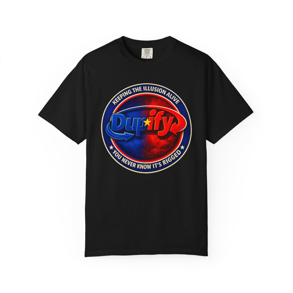 Dupify Graphic T-Shirt — "Keeping the Illusion Alive" Retro Logo Satire Tee