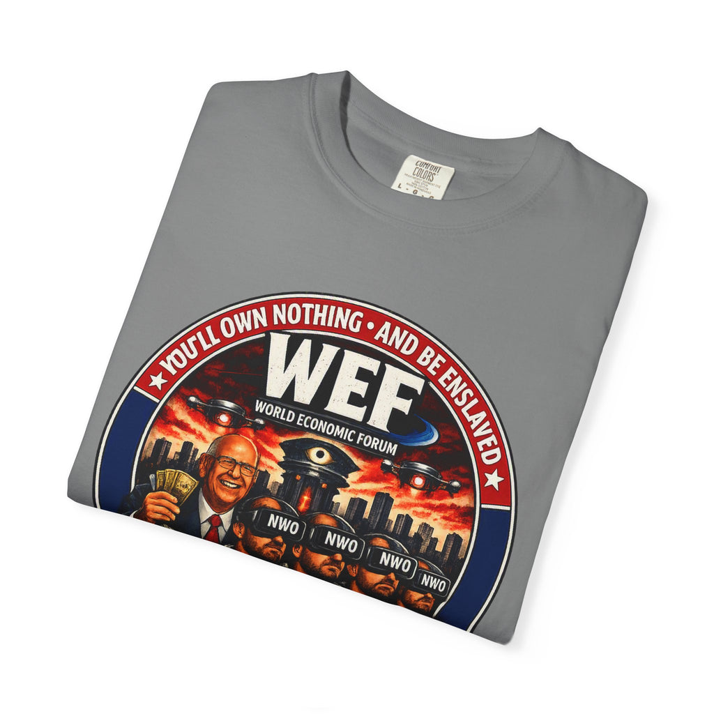 T-Shirt — WEF Dystopian Retro Logo “Rent • Subscribe • Obey”