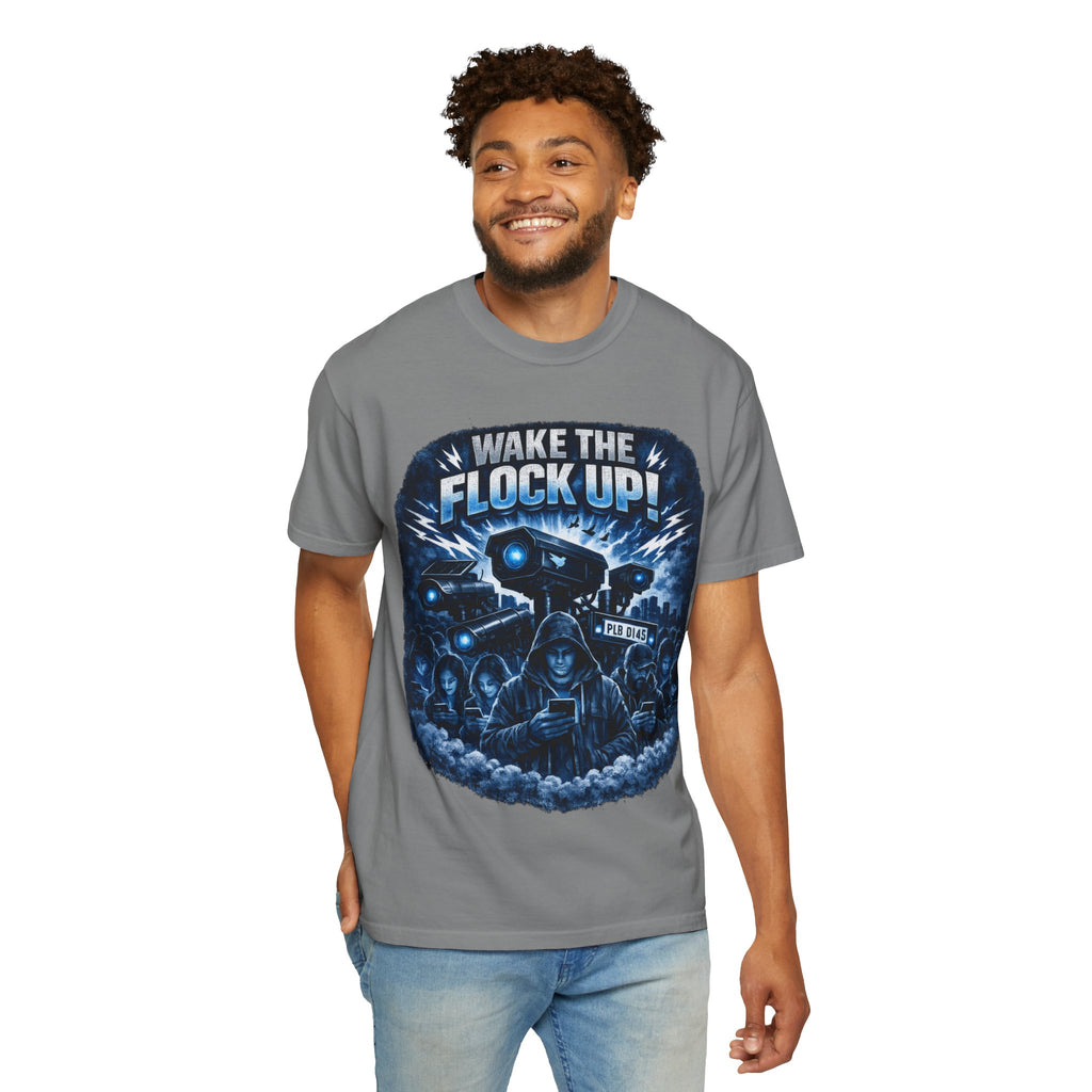 T-Shirt — "Wake the Flock Up" V2 Protest Graphic Tee (Bold Blue Dystopian Design)