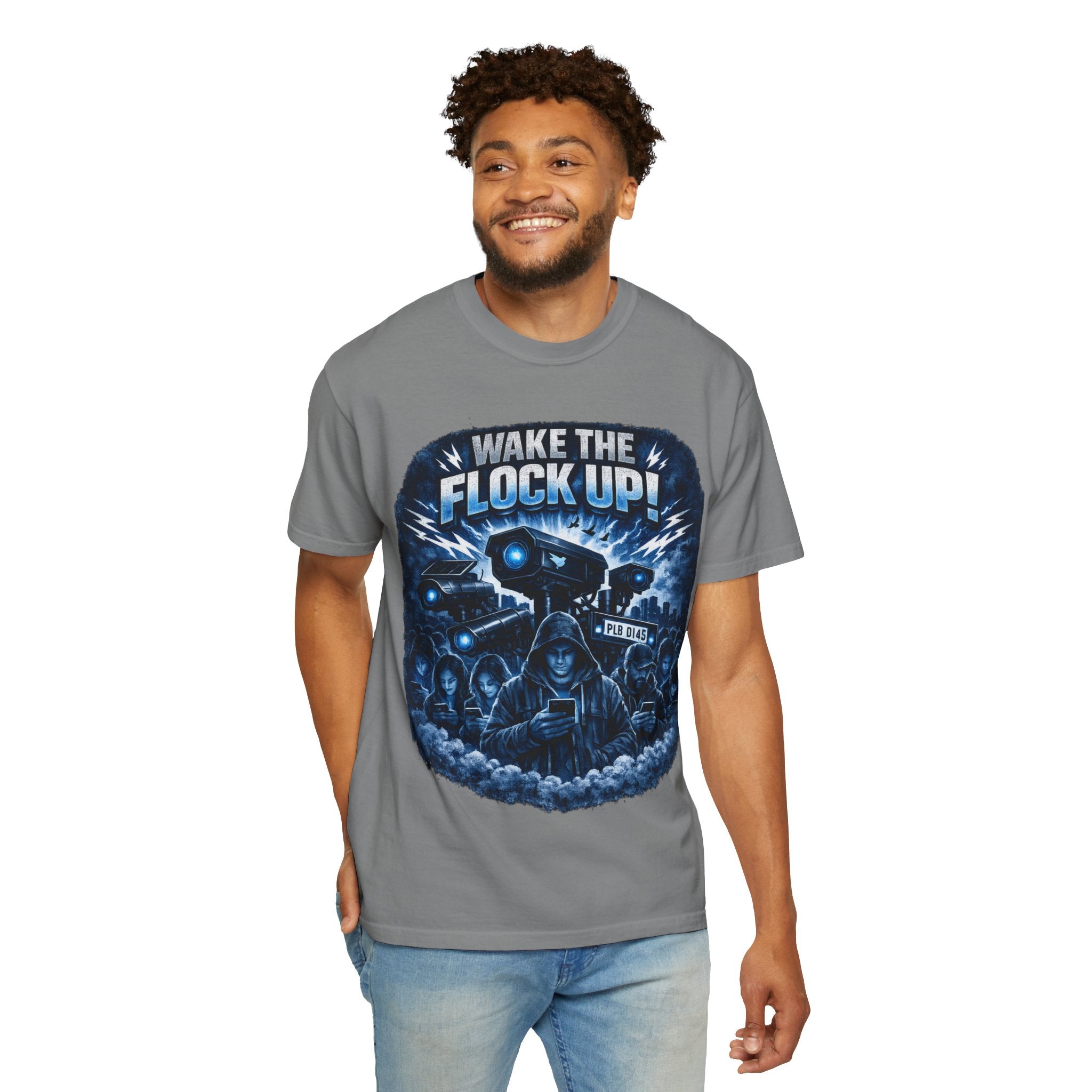 T-Shirt — "Wake the Flock Up" V2 Protest Graphic Tee (Bold Blue Dystopian Design)