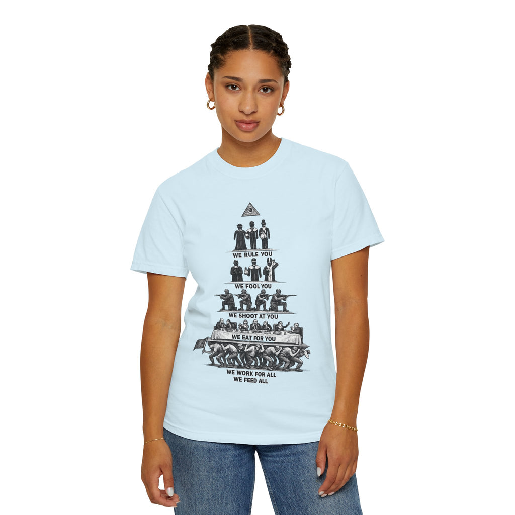 T-Shirt — Hierarchy of Power Graphic Tee ("We Rule You / We Fool You / We Shoot At You / We Eat For You / We Work For All / We Feed All")