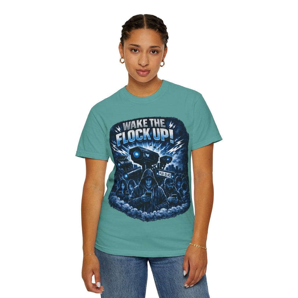 T-Shirt — "Wake the Flock Up" V2 Protest Graphic Tee (Bold Blue Dystopian Design)