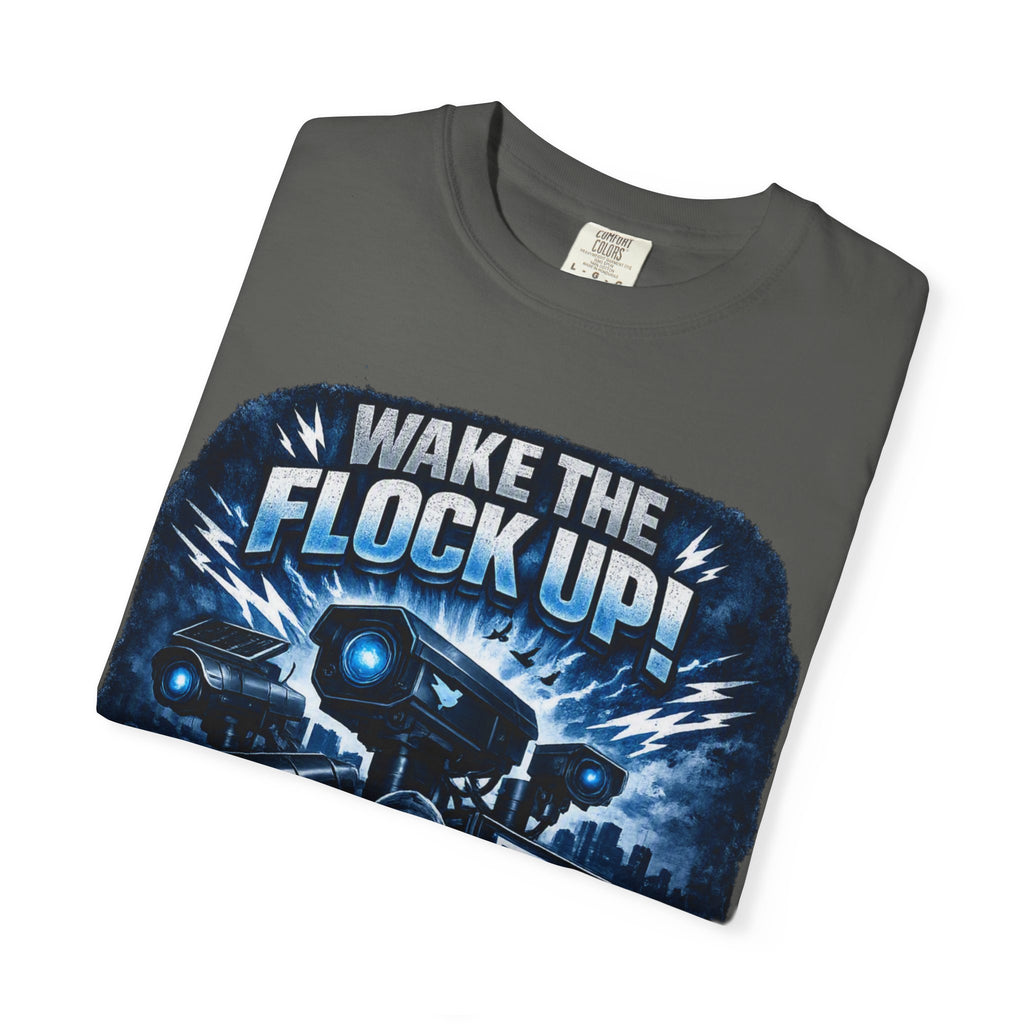 T-Shirt — "Wake the Flock Up" V2 Protest Graphic Tee (Bold Blue Dystopian Design)