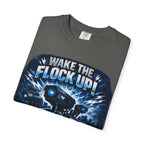 T-Shirt — "Wake the Flock Up" V2 Protest Graphic Tee (Bold Blue Dystopian Design)