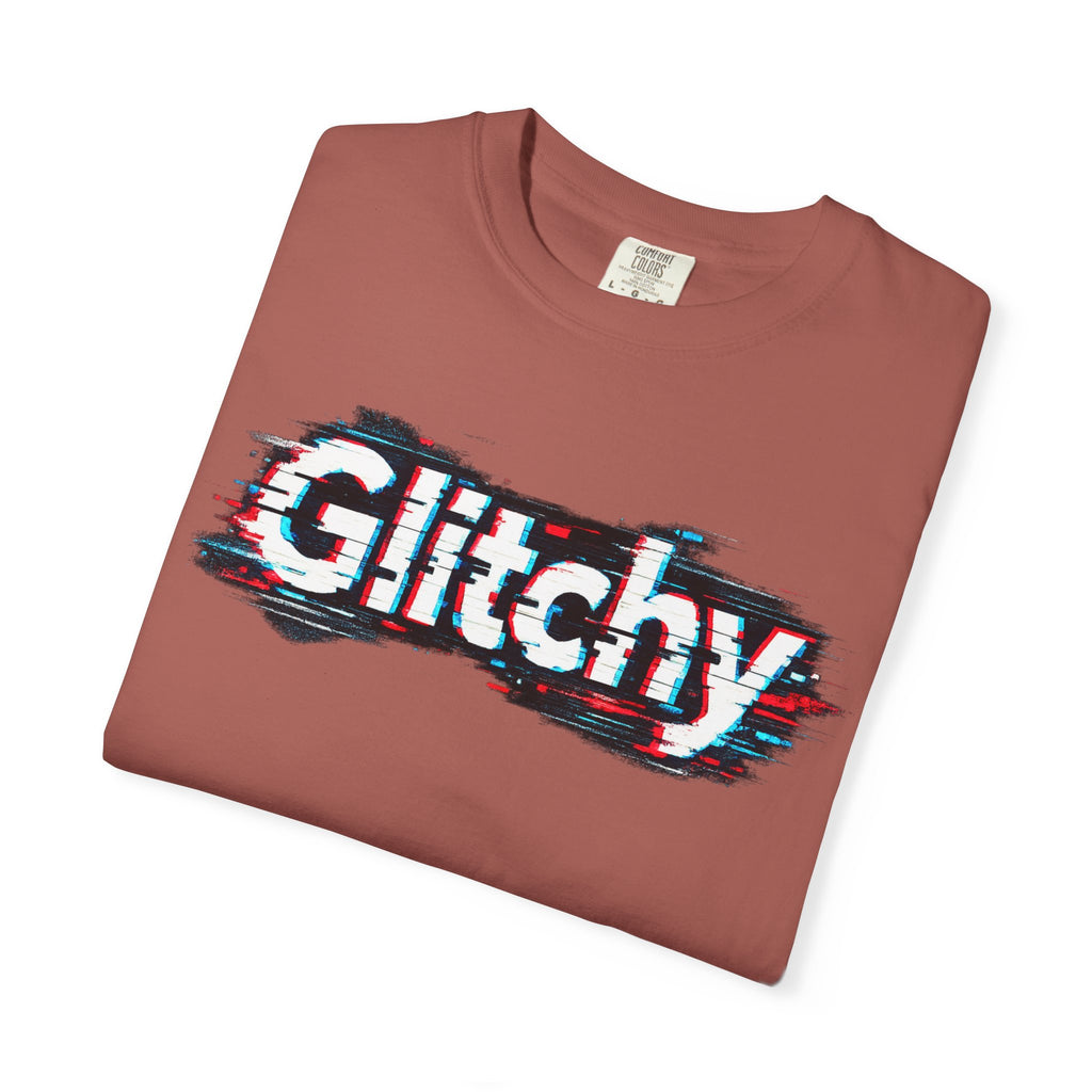 Glitchy Graphic T-Shirt — Retro Glitch Text Tee (Front "GO", Back "Glitchy")