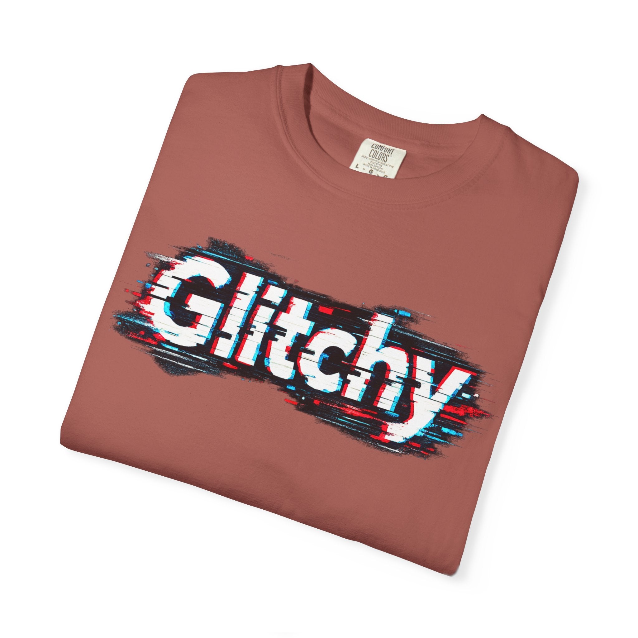 Glitchy Graphic T-Shirt — Retro Glitch Text Tee (Front "GO", Back "Glitchy")