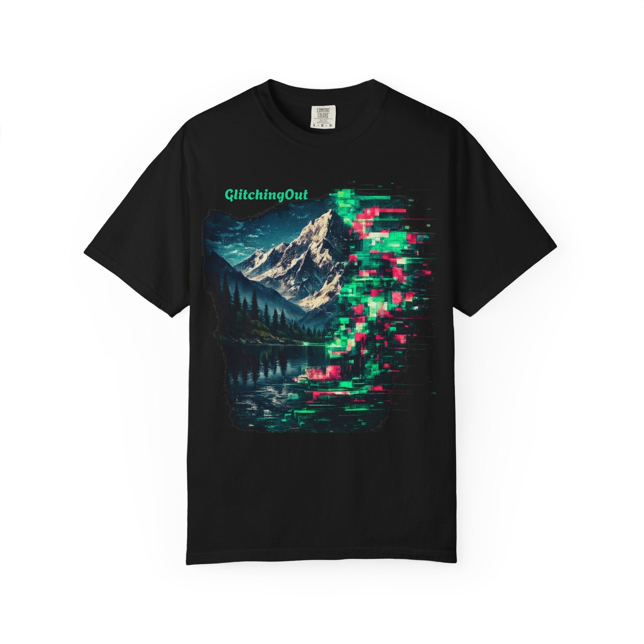 GlitchingOut Mountain Landscape T-Shirt — Retro Glitch Nature Graphic Tee