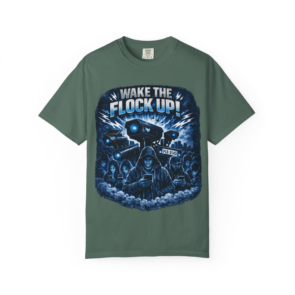 T-Shirt — "Wake the Flock Up" V2 Protest Graphic Tee (Bold Blue Dystopian Design)