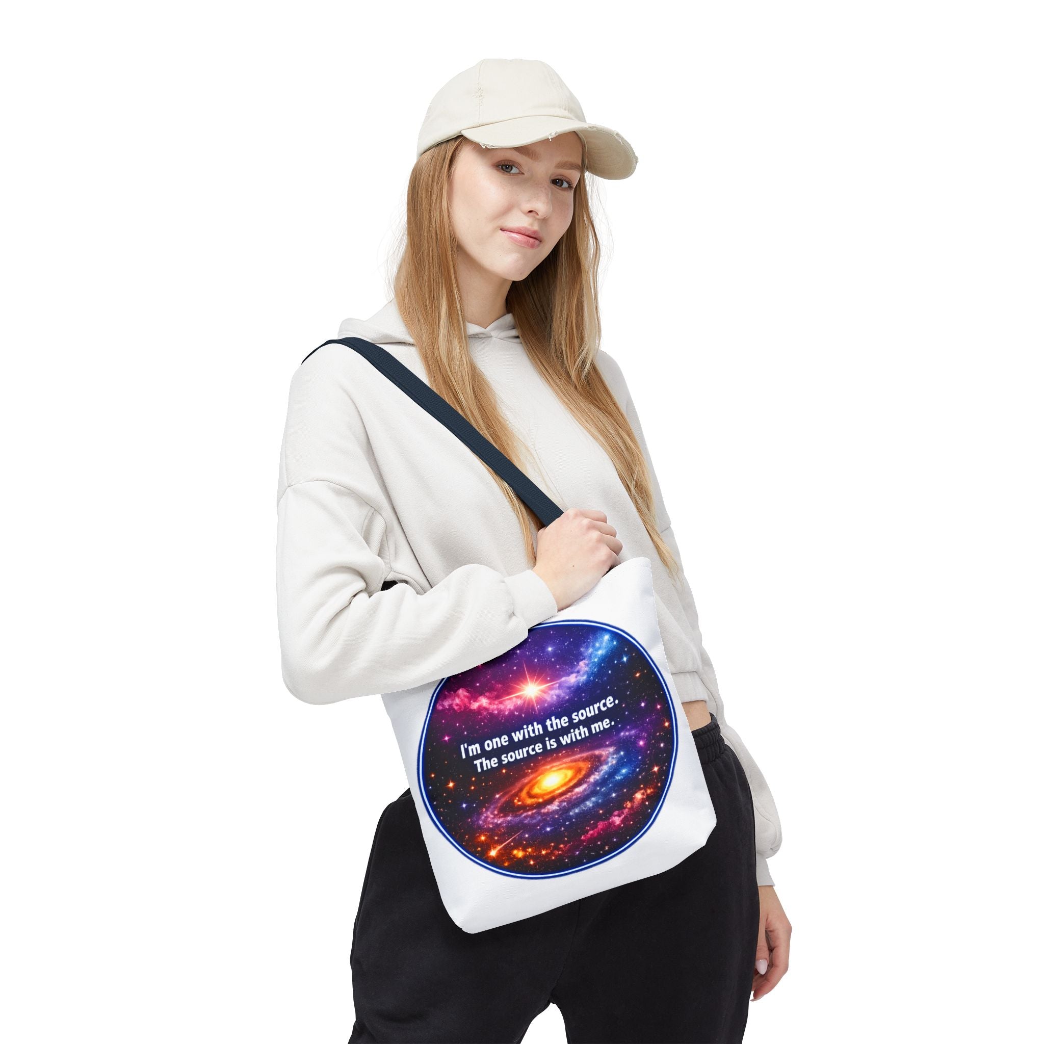 Spiritual Galaxy Tote Bag - "I'm one with the source. The source is with me." Cosmic Meditation Tote