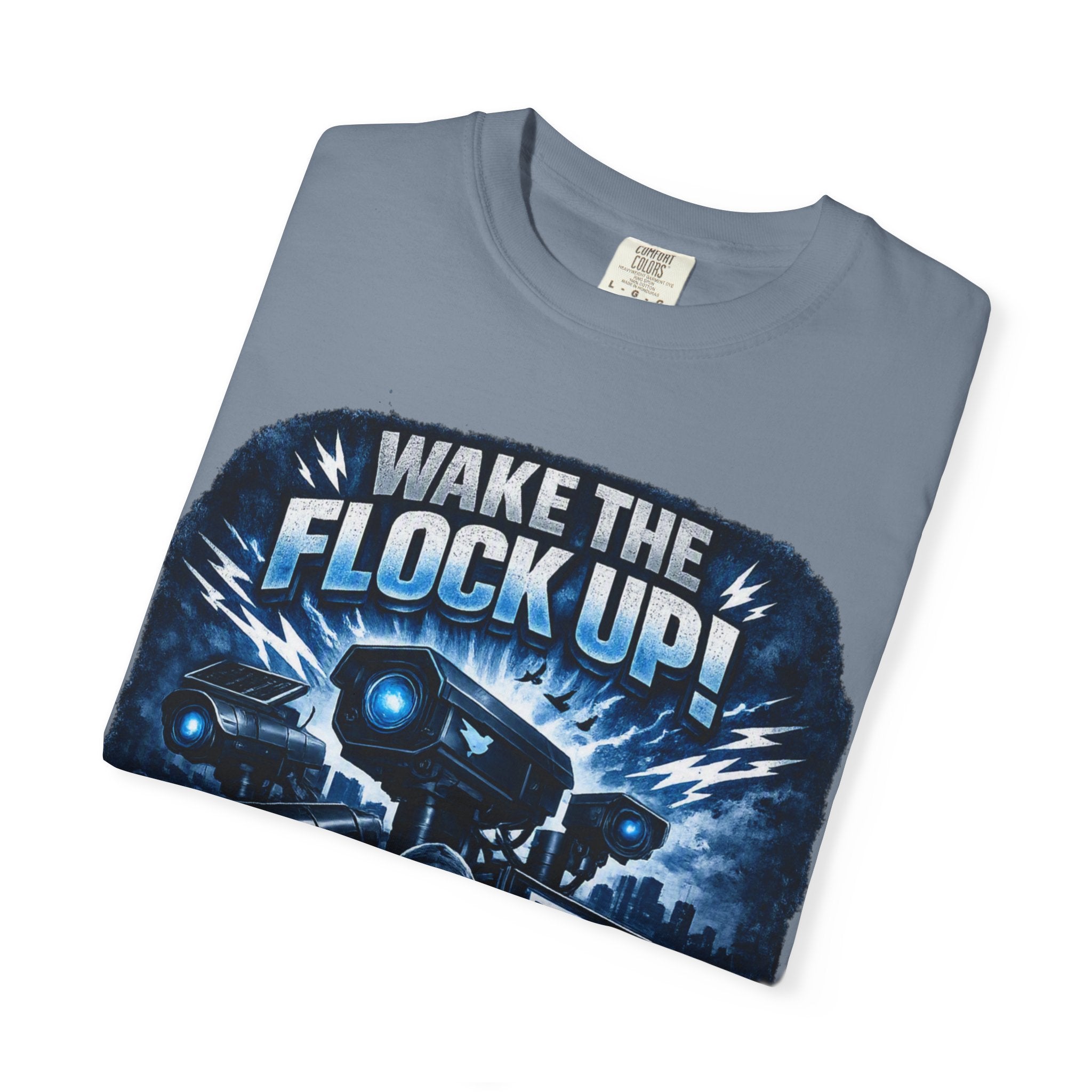 T-Shirt — "Wake the Flock Up" V2 Protest Graphic Tee (Bold Blue Dystopian Design)