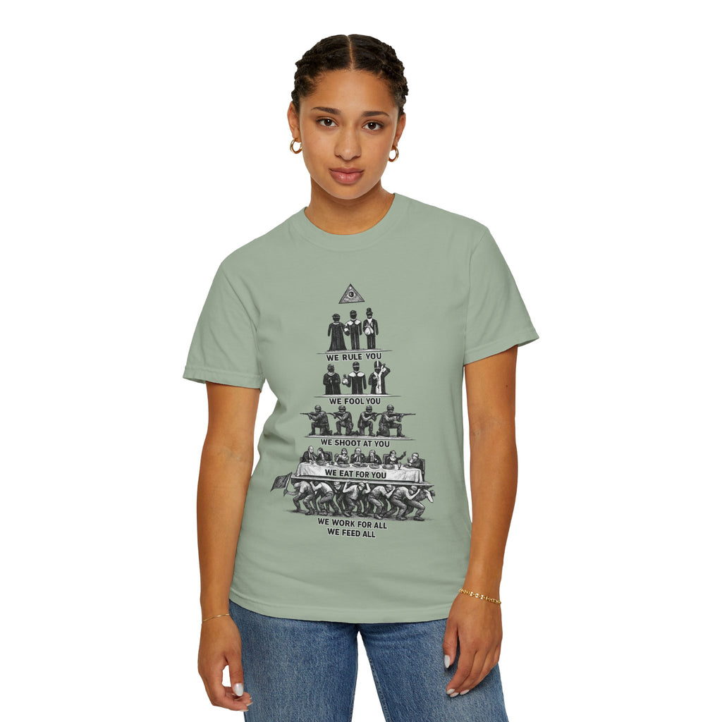 T-Shirt — Hierarchy of Power Graphic Tee ("We Rule You / We Fool You / We Shoot At You / We Eat For You / We Work For All / We Feed All")