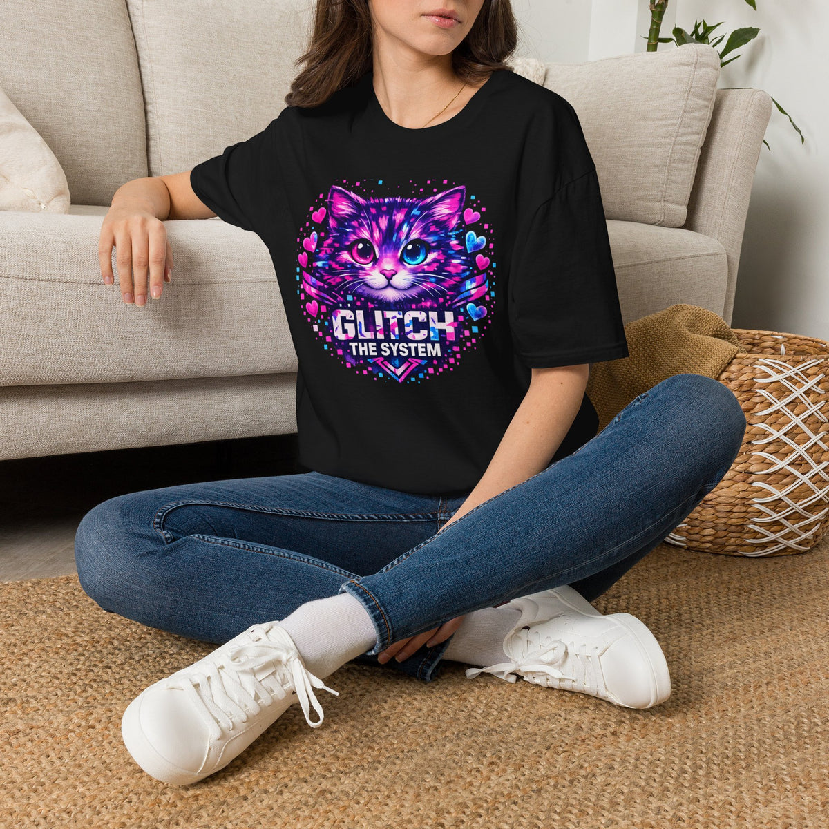Glitch Cat T-Shirt — Retro Neon Kitty “Glitch the System” Graphic Tee