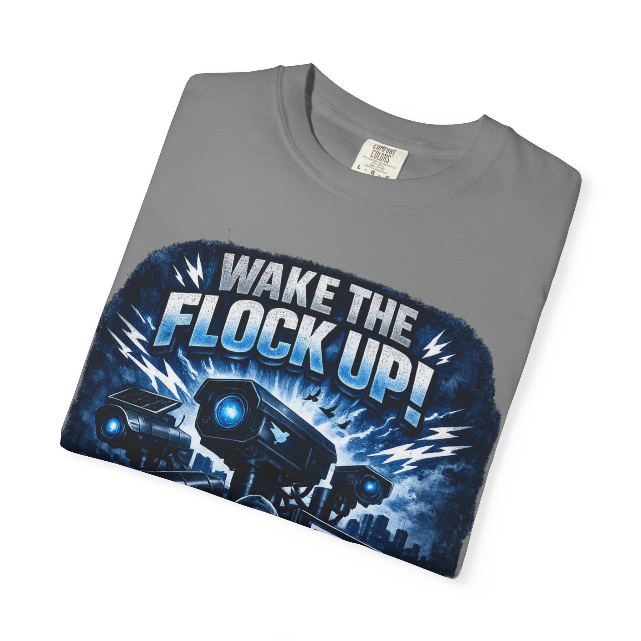 T-Shirt — "Wake the Flock Up" V2 Protest Graphic Tee (Bold Blue Dystopian Design)