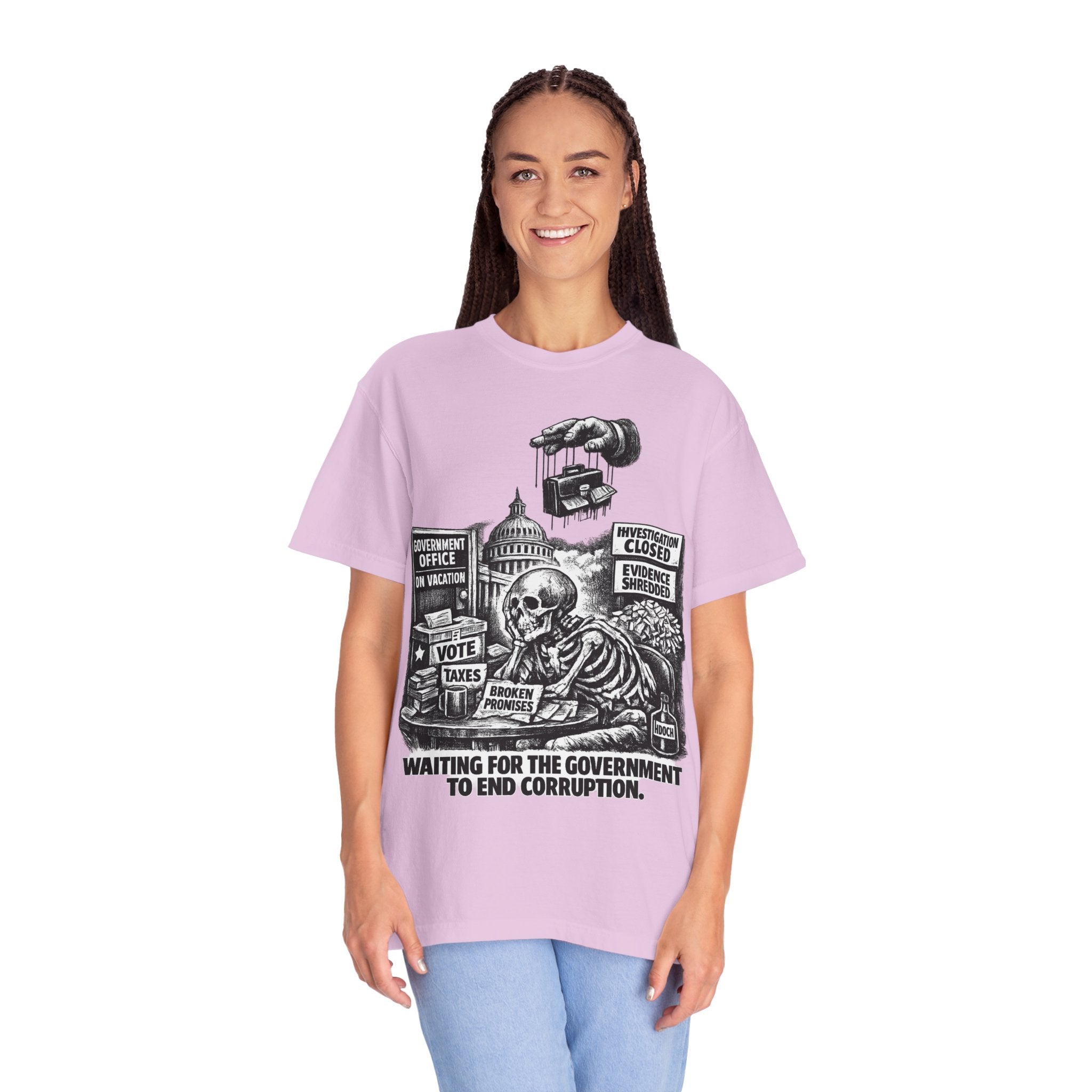 Graphic Tee — "Waiting for the Government to End Corruption" Political Skeletal Design