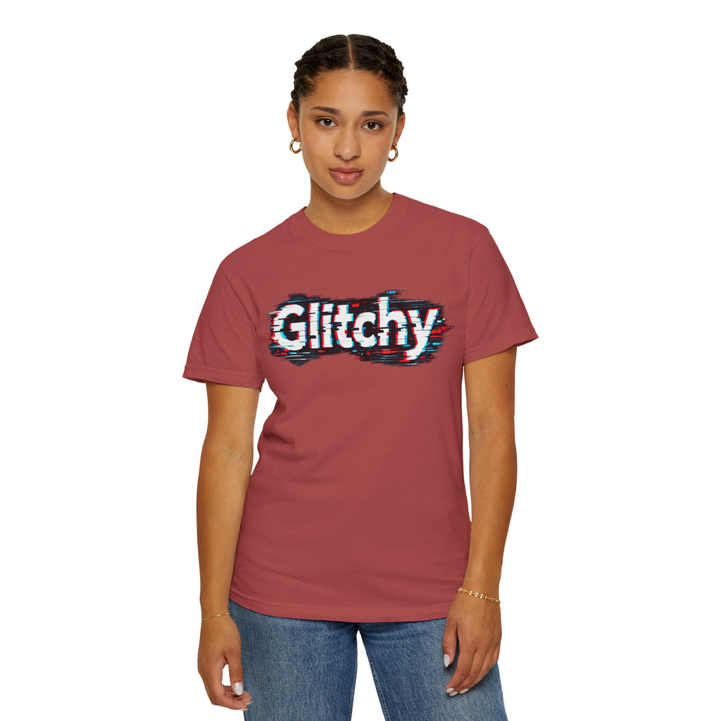 Glitchy Graphic T-Shirt — Retro Glitch Text Tee (Front "GO", Back "Glitchy")