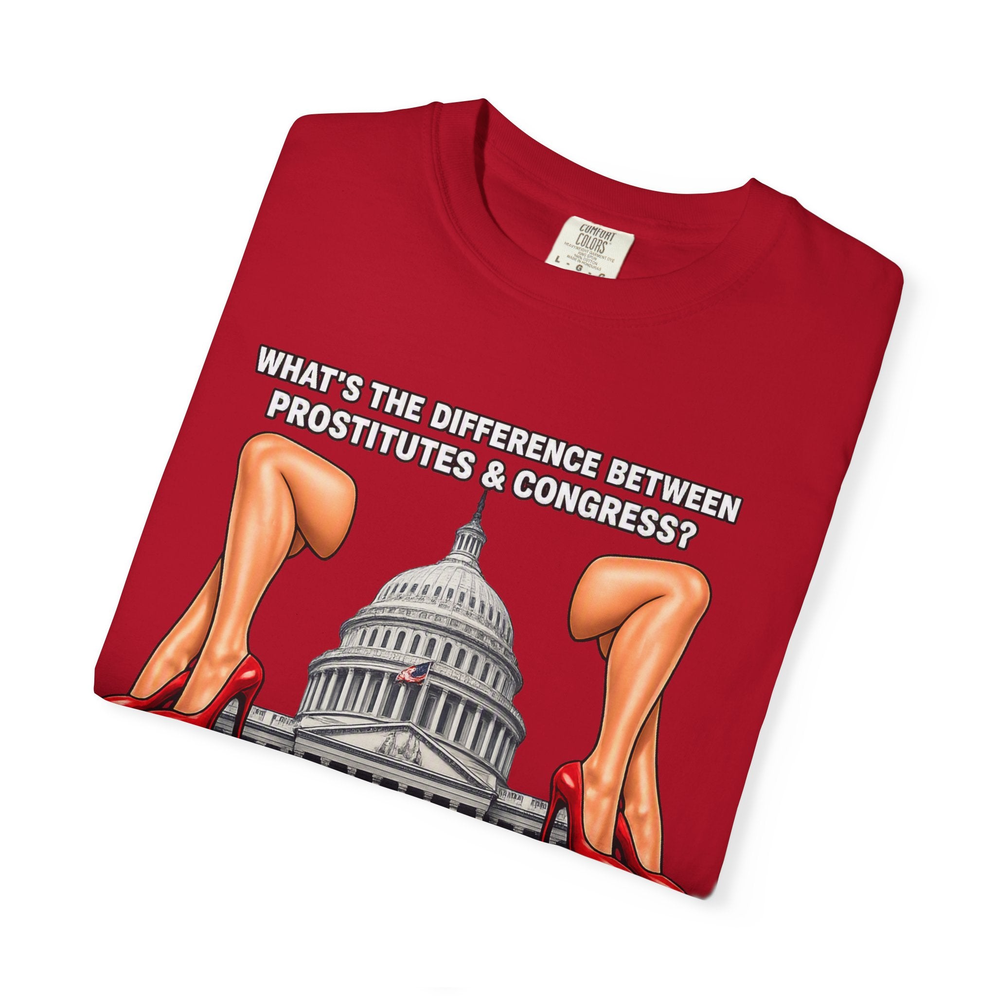 Political Satire T-Shirt — "What's the Difference Between Prostitutes & Congress? Nothing But the Cost!"