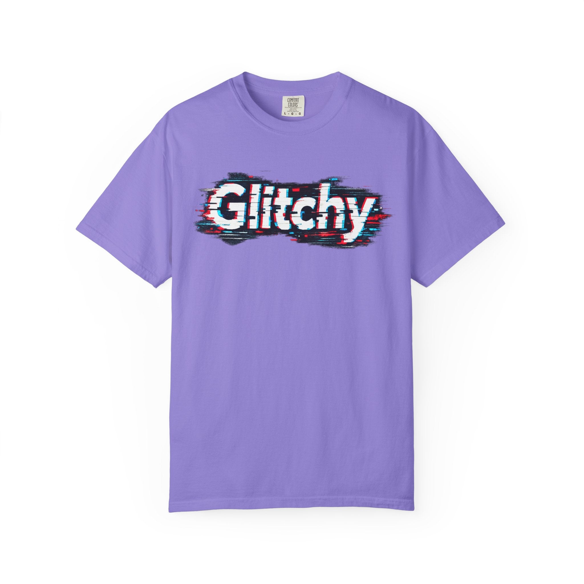 Glitchy Graphic T-Shirt — Retro Glitch Text Tee (Front "GO", Back "Glitchy")