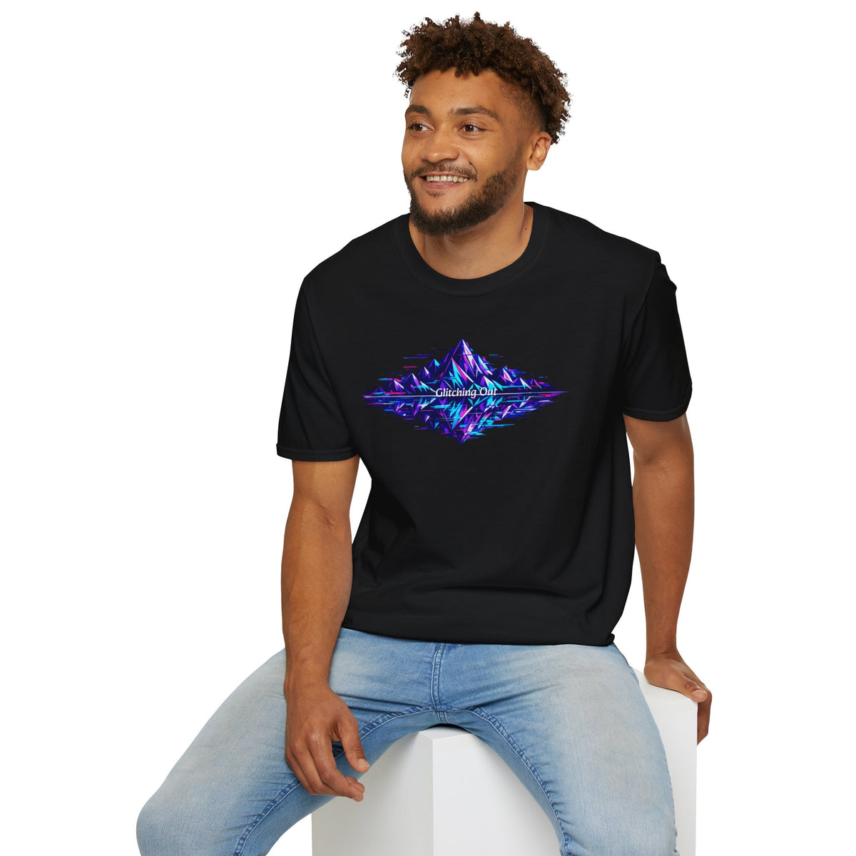 Graphic T-Shirt — 'Glitching Out' Neon Mountain Vaporwave Design