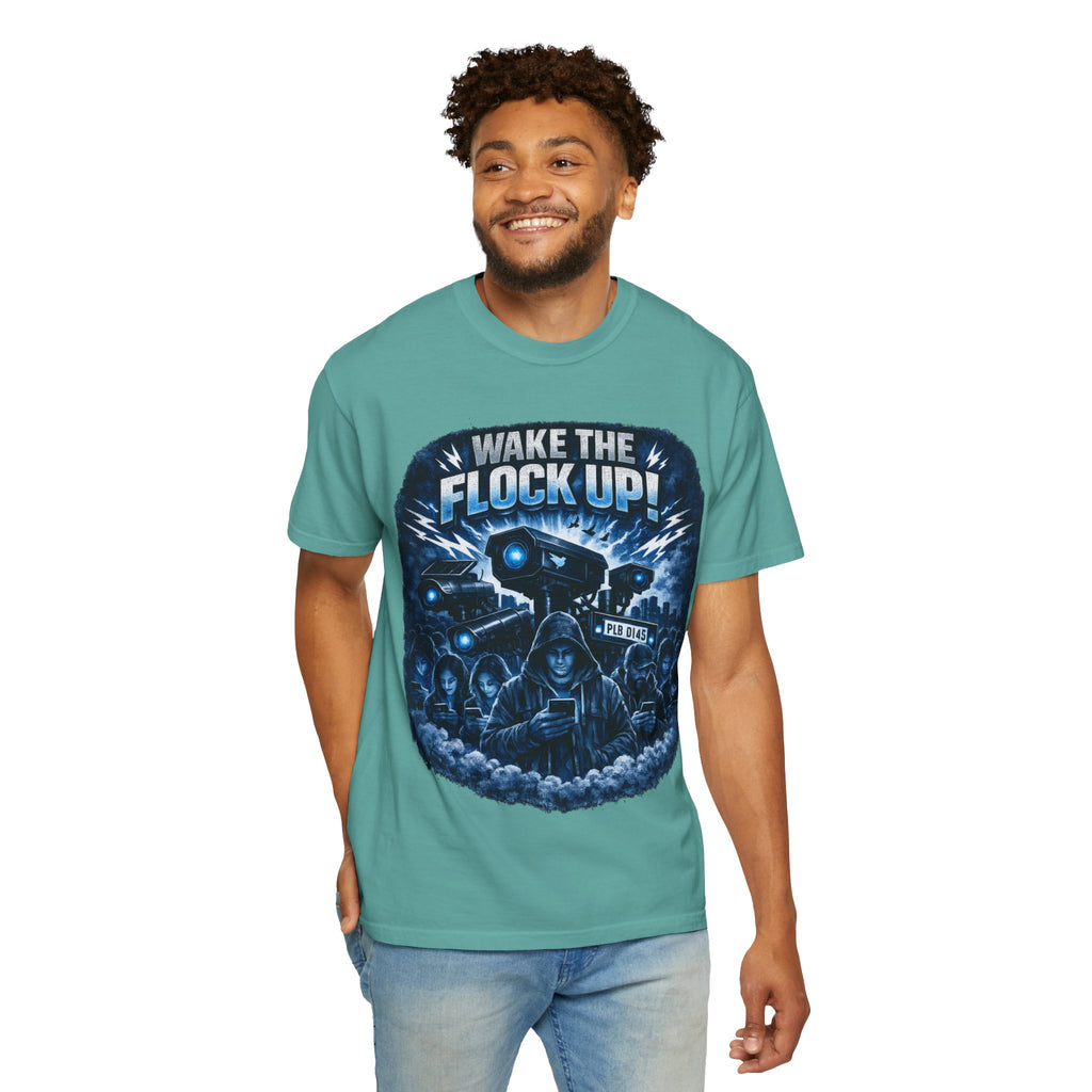 T-Shirt — "Wake the Flock Up" V2 Protest Graphic Tee (Bold Blue Dystopian Design)