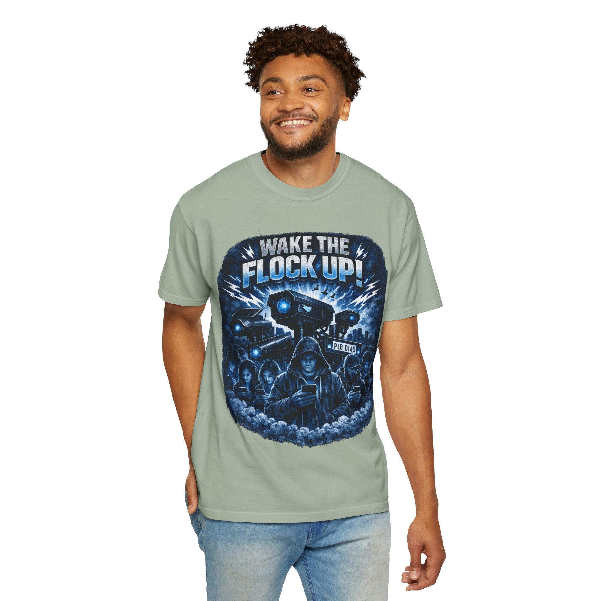 T-Shirt — "Wake the Flock Up" V2 Protest Graphic Tee (Bold Blue Dystopian Design)