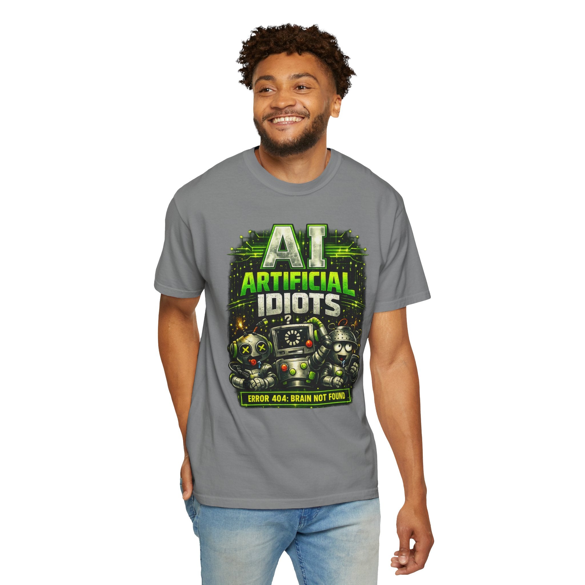 'AI Artificial Idiots: Error 404 — Brain Not Found' Satire Graphic T-Shirt