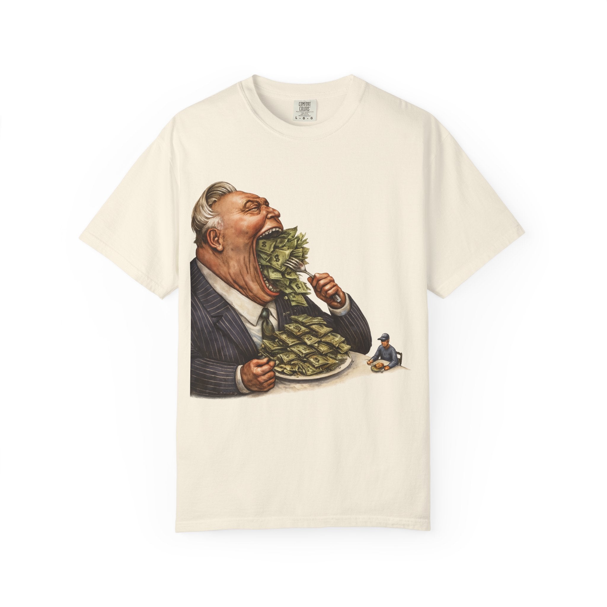 Money Greed Cartoon T-Shirt — Satirical Businessman Eating Cash Tee