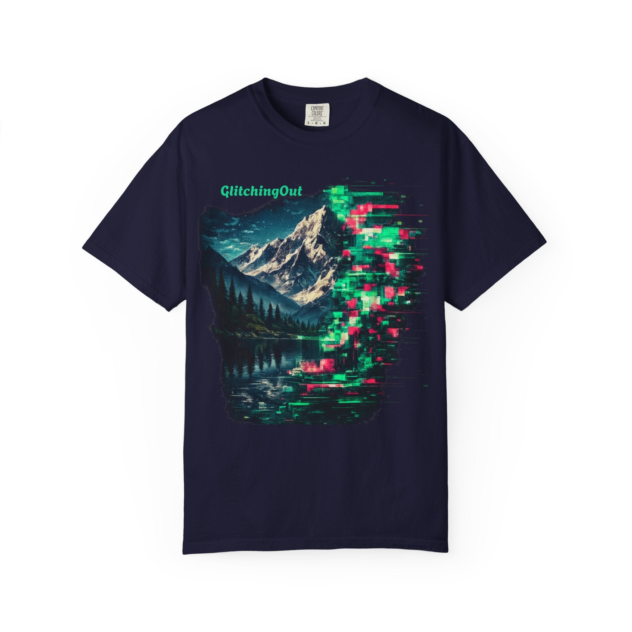 GlitchingOut Mountain Landscape T-Shirt — Retro Glitch Nature Graphic Tee