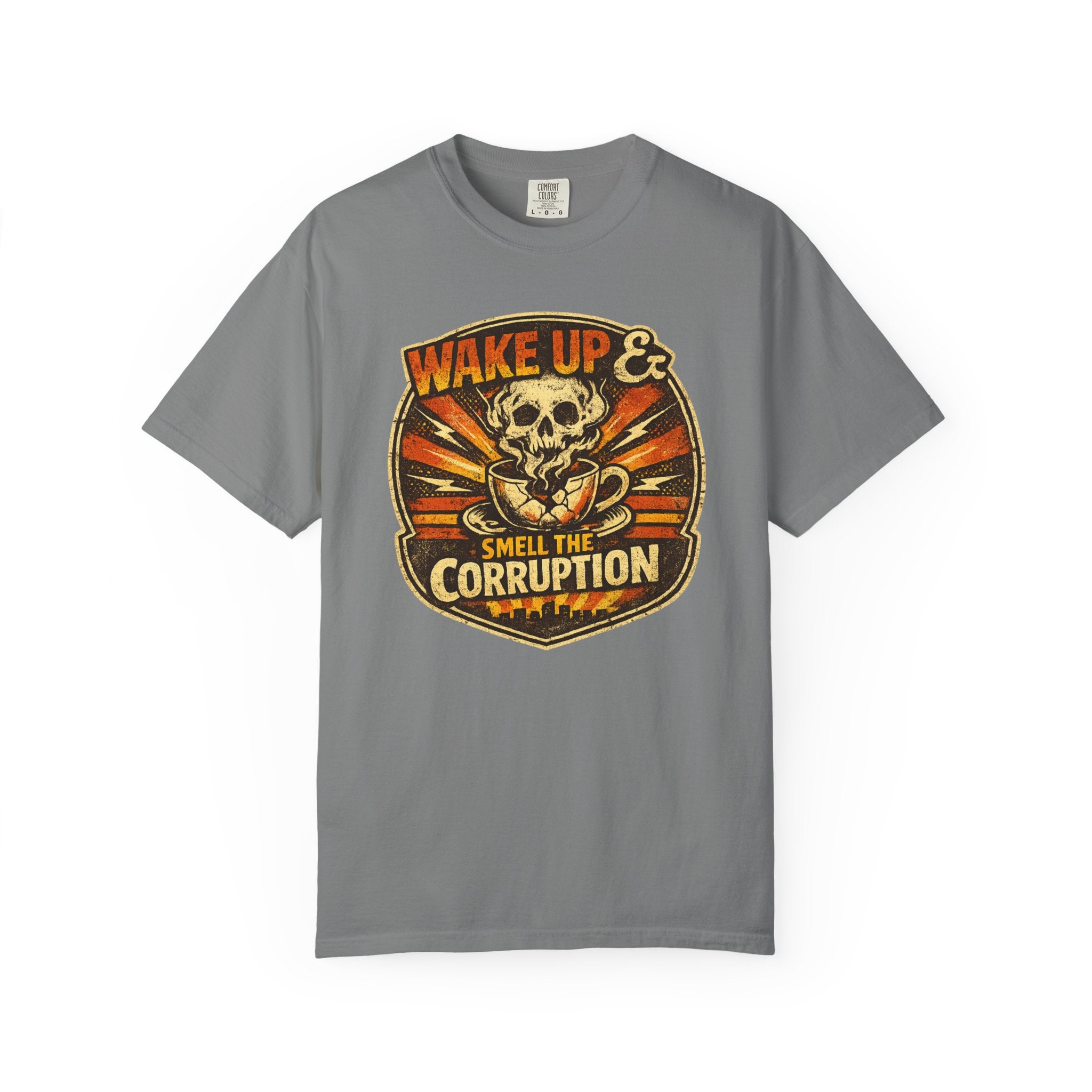 Wake Up & Smell the Corruption T-Shirt — Vintage Skull Protest Graphic Tee