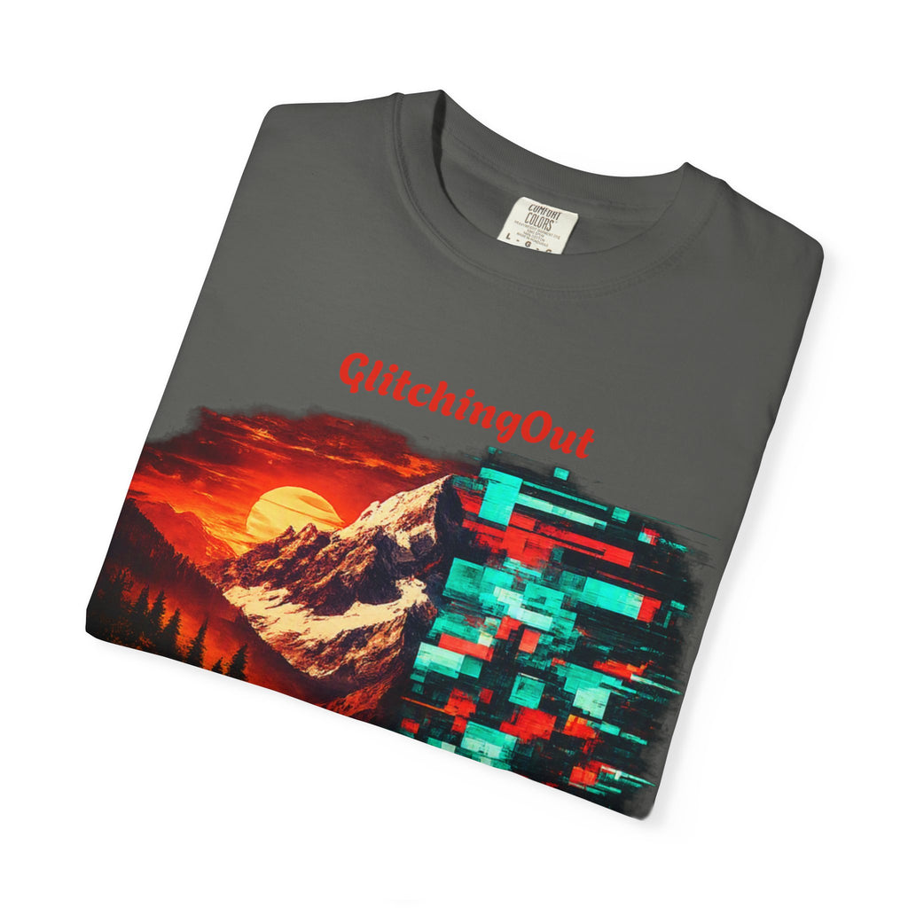 Graphic T-Shirt — "Glitching Out" Mountain Sunset Pixel Art