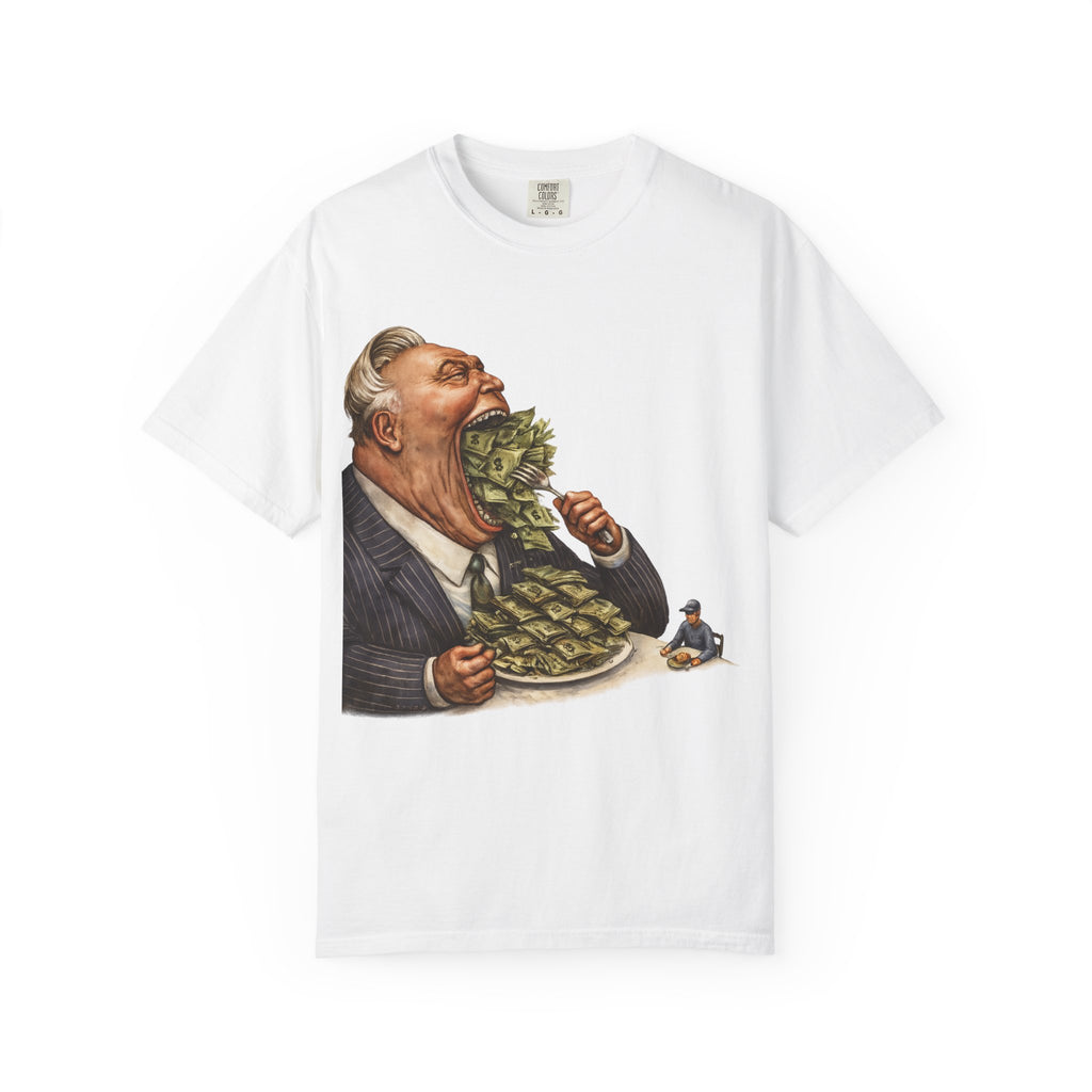 Money Greed Cartoon T-Shirt — Satirical Businessman Eating Cash Tee