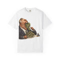 Money Greed Cartoon T-Shirt — Satirical Businessman Eating Cash Tee