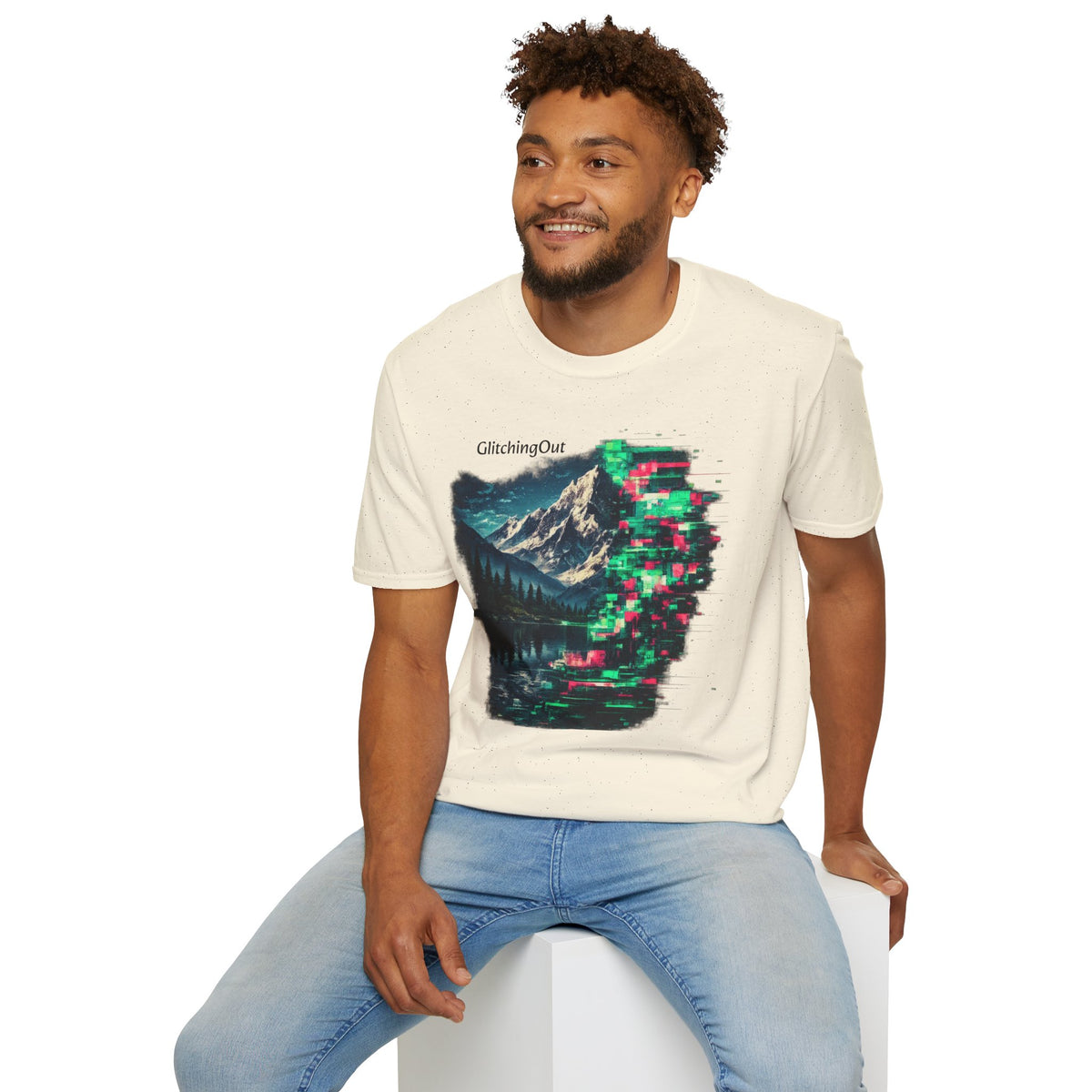 GlitchingOut Mountain Landscape T-Shirt — Retro Glitch Nature Graphic Tee