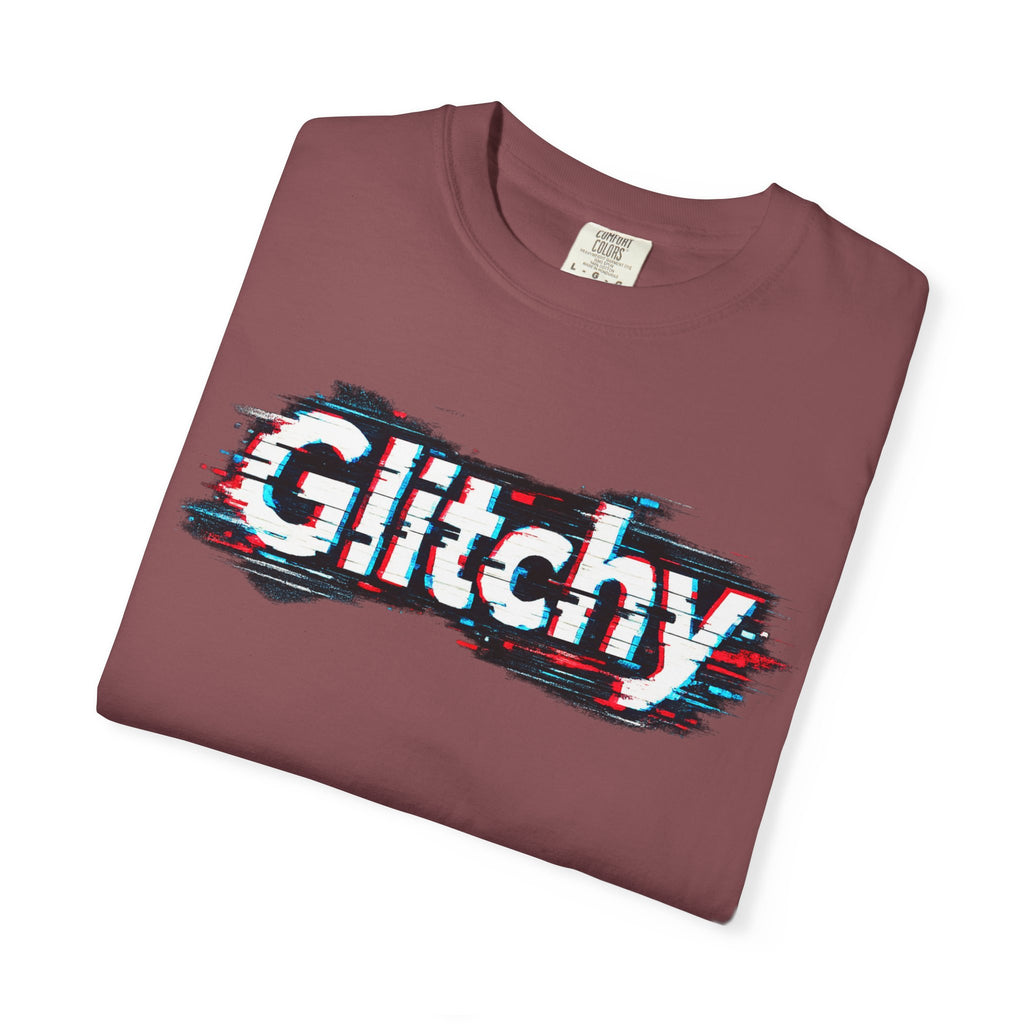 Glitchy Graphic T-Shirt — Retro Glitch Text Tee (Front "GO", Back "Glitchy")