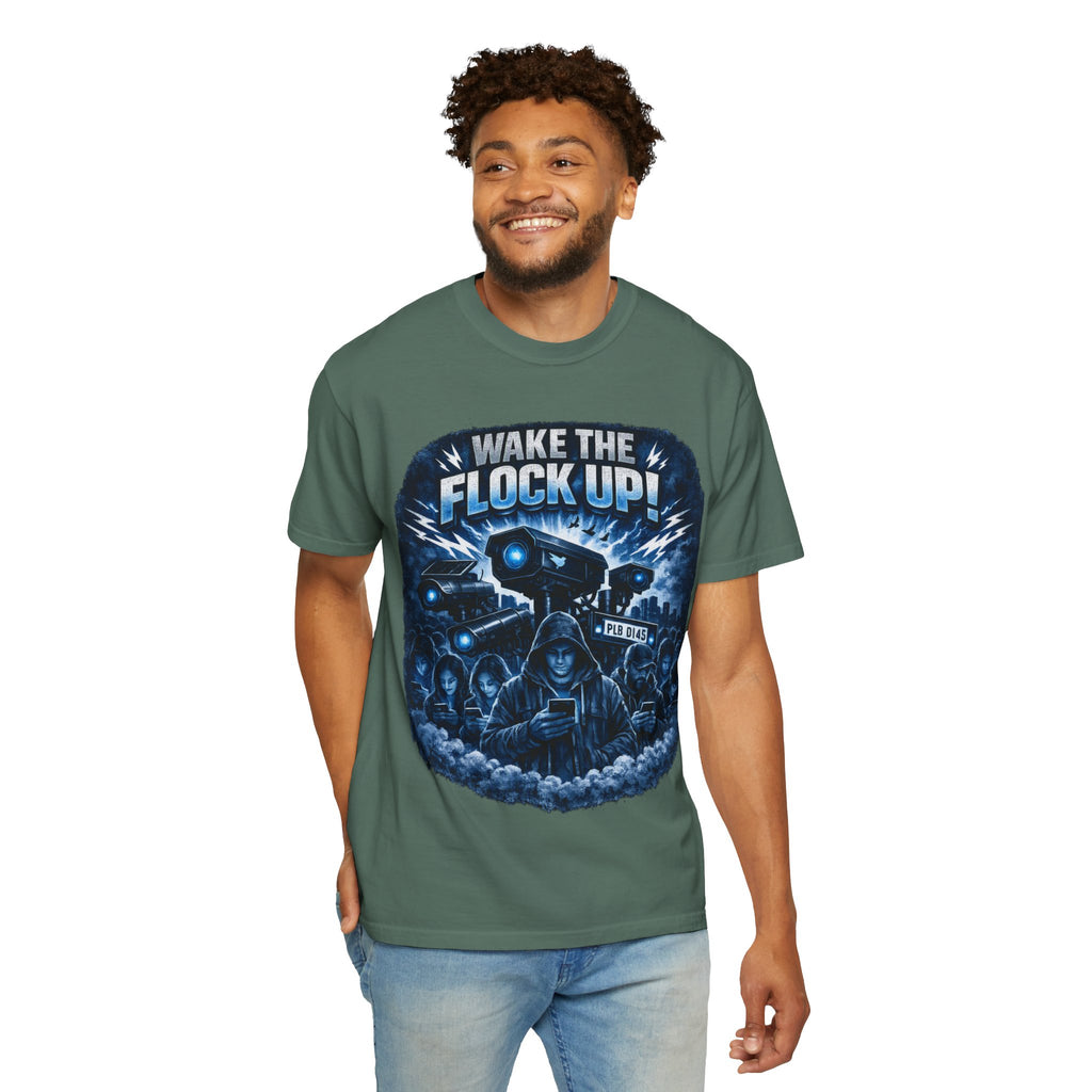 T-Shirt — "Wake the Flock Up" V2 Protest Graphic Tee (Bold Blue Dystopian Design)