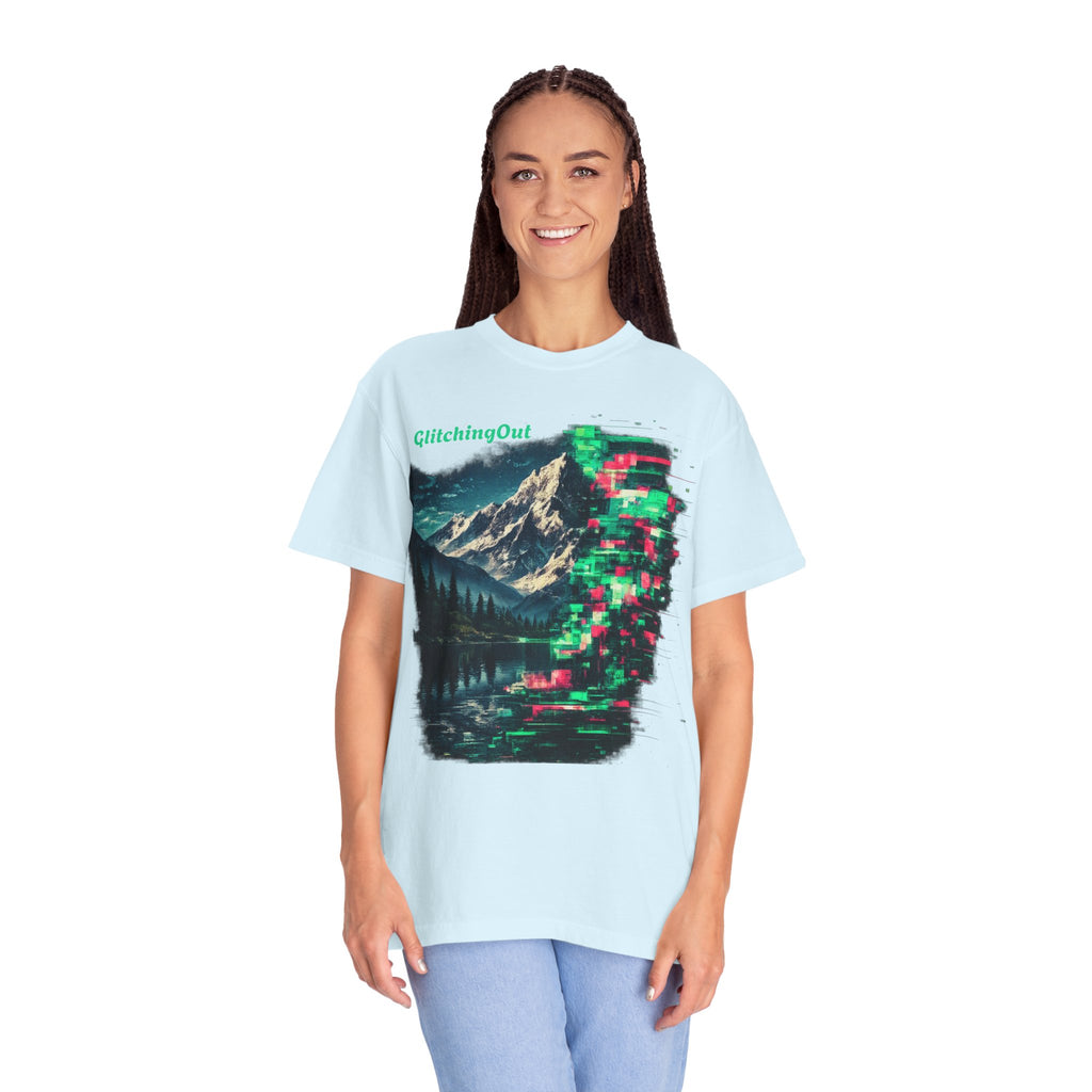 GlitchingOut Mountain Landscape T-Shirt — Retro Glitch Nature Graphic Tee